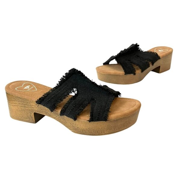 Rocket Dog Clipper Slip On FRAYED Black Platform WOOD BLOCK HEEL Sandals-Women-9 - Picture 3 of 14